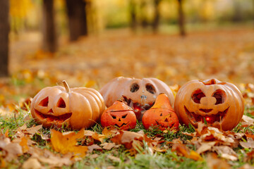 Halloween pumpkins on the autumn street. Holidays, decoration concept.