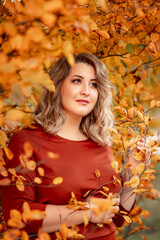 Naklejka na ściany i meble Portrait of a beautiful woman in autumn leaves