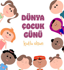 Dünya Çocuk Günü Kutlu Olsun text. Translate: Happy Children's Day. Vertical cartoon vector design can be used as social media post, website banner, poster, brochure, greeting card concept ideas.