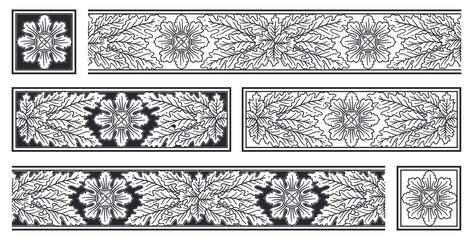 PNG transparent set of vintage floral frames, black borders and decorations with seamless patterns, ornaments, stoppers, corners and vignettes in art noiuveau antique style