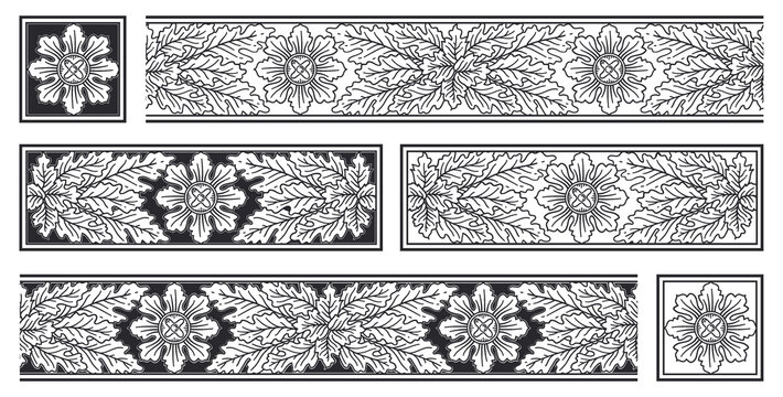 PNG transparent set of vintage floral frames, black borders and decorations with seamless patterns, ornaments, stoppers, corners and vignettes in art noiuveau antique style