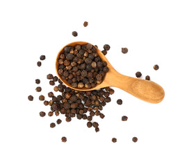 Wooden scoop spoon full of black peppercorns