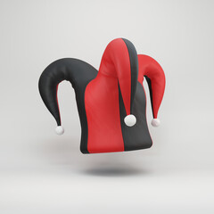 Black and red jester's hat floating on a gray background, 3d render - obrazy, fototapety, plakaty