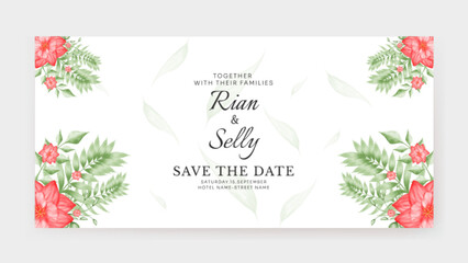 Romantic wedding invitation banner with watercolor red flower