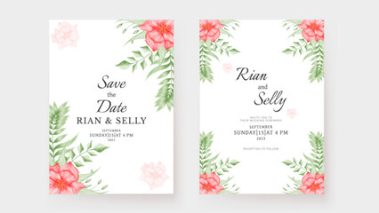 Romantic wedding invitation template with watercolor red flower
