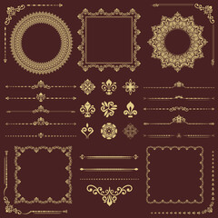 Vintage set of horizontal, square and round golden elements. Different elements for backgrounds, frames and monograms. Classic golden patterns. Set of vintage patterns