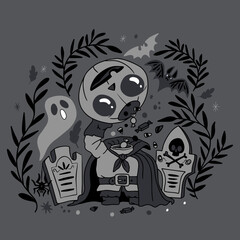 Beautiful background, headless horseman, pumpkin with sweets, ghost