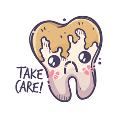 Teeth care treatment collection. Dental medicine theme for posters, books, leaflets, stickers. Tooth illustration with cute emotion. Vector hand drawn style.