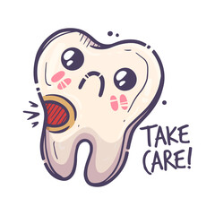 Teeth care treatment collection. Dental medicine theme for posters, books, leaflets, stickers. Tooth illustration with cute emotion. Vector hand drawn style.