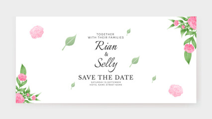 Romantic wedding invitation banner with watercolor pink flower