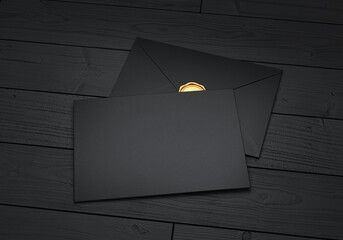 Empty envelopes made of black paper on a black wooden background, 3d render