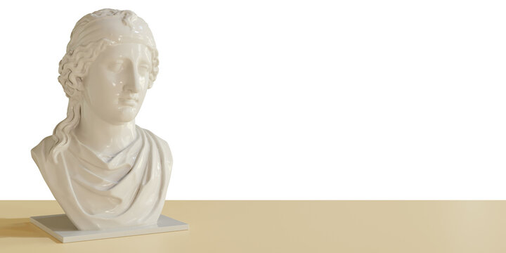 Escritorio con estatua griega. Academia con libros. Escritorio universitario. Ilustraci&oacute;n 3D.