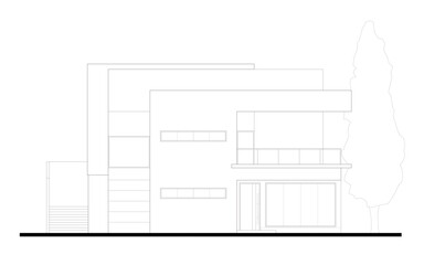 Illustration of the front facade of a two story bungalow with a modern design drawn using CAD. Drawn in black and white.