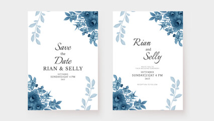 Romantic wedding invitation template with watercolor daffodil blue flower