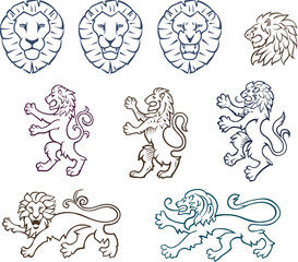 Heraldic Lion Silhouettes Set, Roaring Lion Head in Front