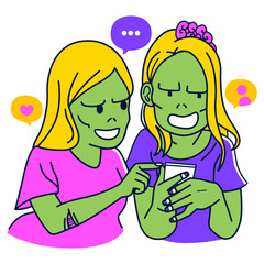 Two zombie girl friends chatting and using smartphone. Women checking social media gossip concept