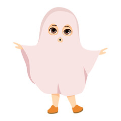 Cute child disguised in carnival costume of ghost isolated on white background. Spooky boy with boo face expression in Halloween white blanket and holes on eyes and mouth