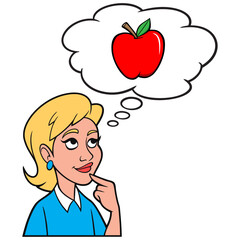 Girl thinking about an Apple - A cartoon illustration of a Girl thinking about eating an Apple for Lunch.