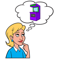 Girl thinking about an Arcade Machine - A cartoon illustration of a Girl thinking about an Arcade Machine.