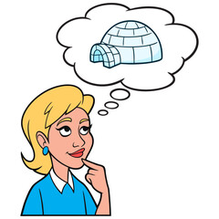 Girl thinking about an Igloo - A cartoon illustration of a Girl thinking about living in an Igloo.