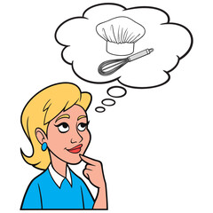 Girl thinking about a Chef Hat - A cartoon illustration of a Girl thinking about being a Baking Chef.