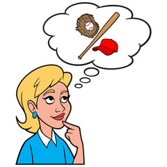 Girl thinking about playing Baseball - A cartoon illustration of a Girl thinking about playing Baseball.