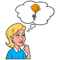 Girl thinking about watching a Basketball Game - A cartoon illustration of a Girl thinking about watching a Basketball Game.