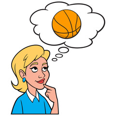Girl thinking about playing Basketball - A cartoon illustration of a Girl thinking about playing Basketball.