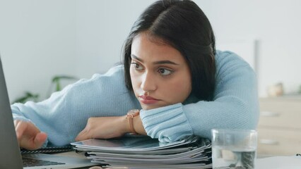 Sad, depression or woman on laptop for education, college elearning or university school study in house room or home. Stress, anxiety or mental health burnout for student with tech or paper documents