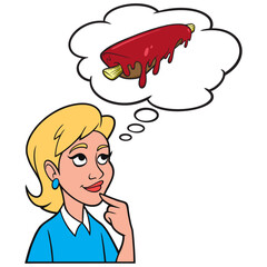 Girl thinking about a BBQ Rib - A cartoon illustration of a Girl thinking about eating a BBQ rib for Dinner.