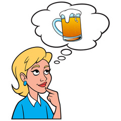 Girl thinking about a Mug of Beer - A cartoon illustration of a Girl thinking about having a cold mug of Beer.