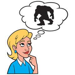 Girl thinking about Bigfoot - A cartoon illustration of a Girl thinking about the legend of Bigfoot.