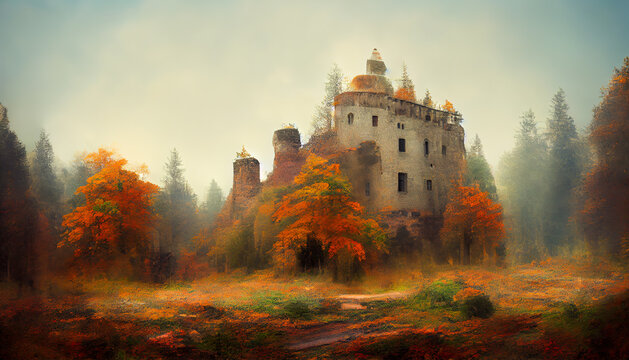 An old abandoned castle in the autumn forest.