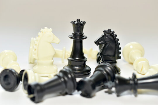 Chess pieces, a queen and a knight are on the table.