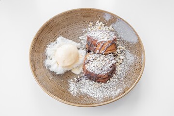 Chocolate Rahash French Toast served in a dish isolated on grey background top view