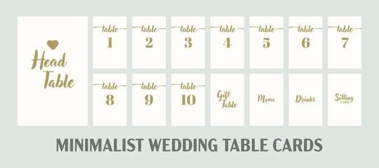 Festive Wedding Seating Cards Set, Vector Template with Numbers and Table Names. Elegant Minimalist Table Cards of White Color and Gold Calligraphy Print Collection.