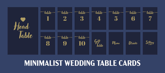 Wedding Seating Cards Set, Vector Template with Numbers and Table Names. Elegant Minimalist Table Cards of Navy Blue Color and Gold Calligraphy