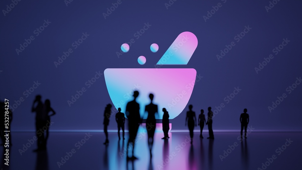 Poster 3d rendering people in front of symbol of alchemy mortar on background