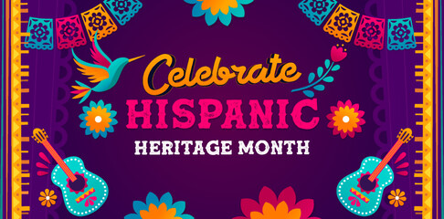 Hispanic heritage month, Vector web banner, poster, card for social media, networks. Greeting Hispanic heritage month editable text, Huichol traditional background, ornament perforated paper - Powered by Adobe