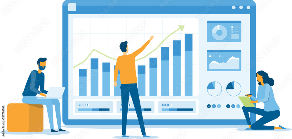 Aufkleber business team working analytics and monitoring research on web report dashboard monitor and business finance investment concept