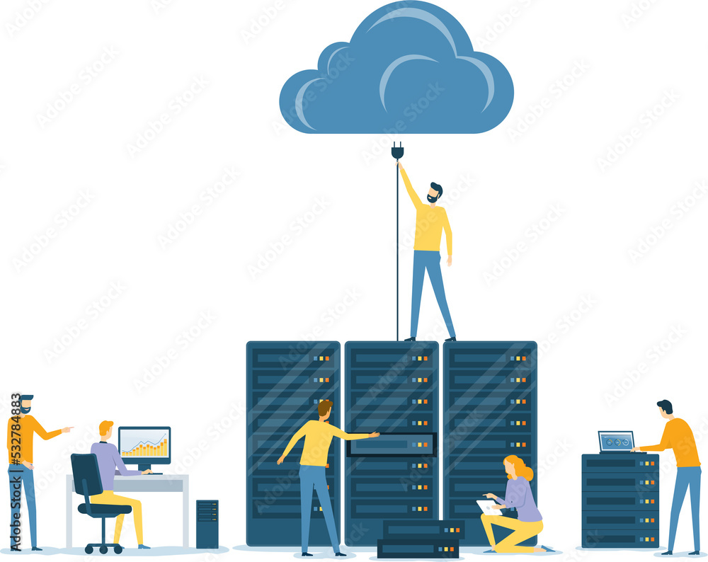 Poster business datacenter technology with cloud computing service concept and developer technician team working