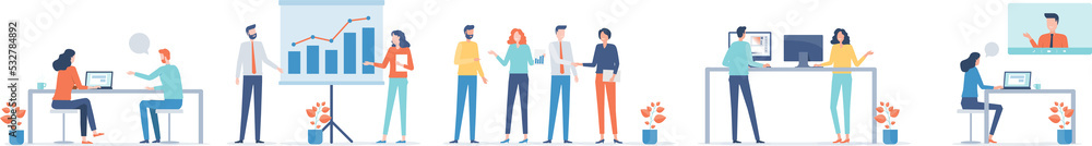Poster flat vector business people team working and set cartoon character design concept