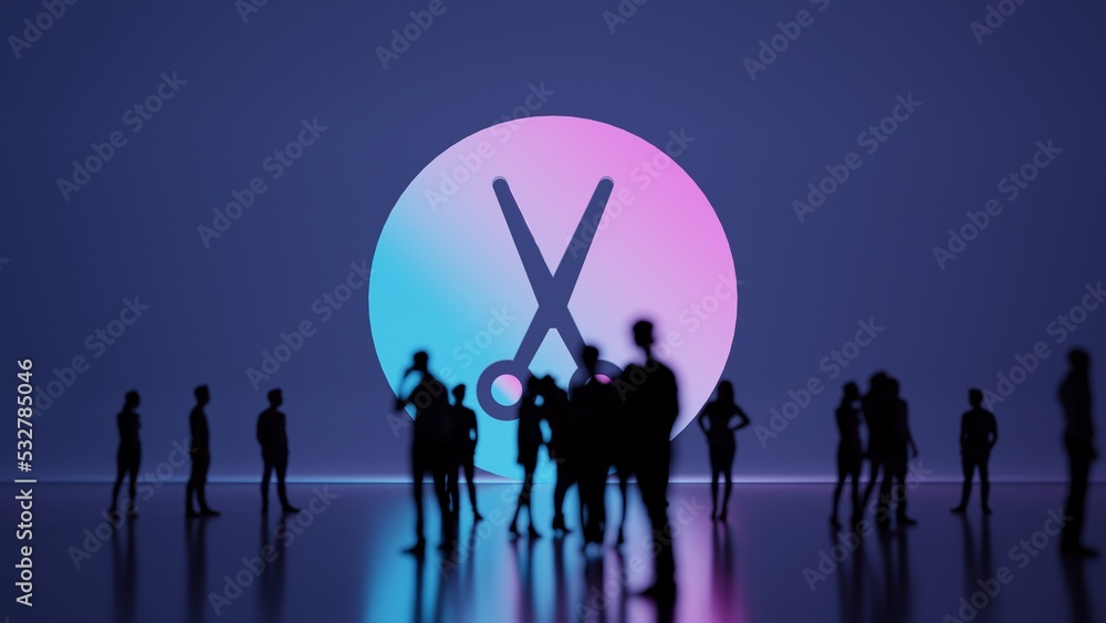 Poster 3d rendering people in front of symbol of barber label on background
