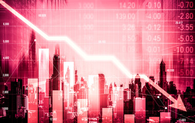 Stock market crash, declined economic, graph falling down and digital indicators overlaps...