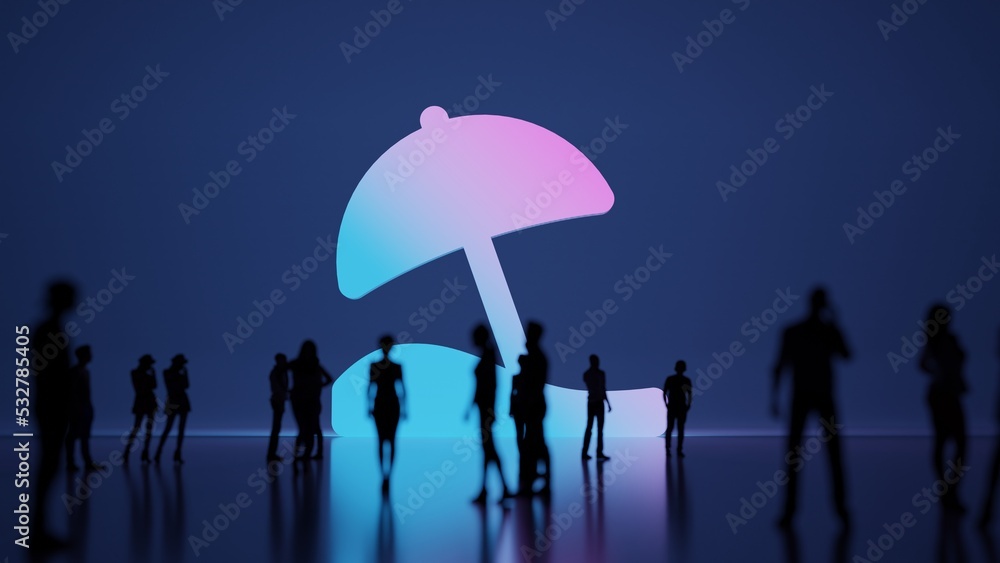 Poster 3d rendering people in front of symbol of beach umbrella on background