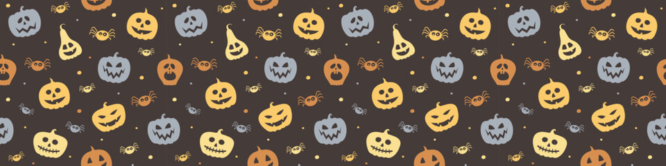 Halloween banner with funny pumpkins and spiders. Wallpaper. Vector