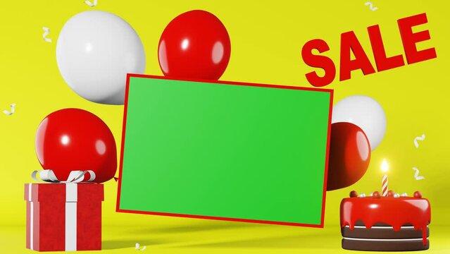 Sale text discount banner chroma key mockup. Hot offer Best price 3d animation yellow background. Red gift box white balloons cake. Online shopping promotion. Shop coupon advertisement poster template