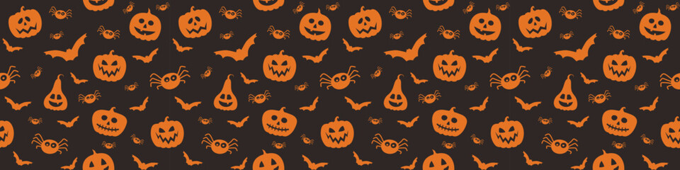 Banner with creepy pumpkins, bats and spiders. Halloween texture. Vector