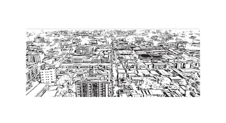 Building view with landmark of Ouagadougou is the capital in Burkina Faso. Hand drawn sketch illustration in vector.