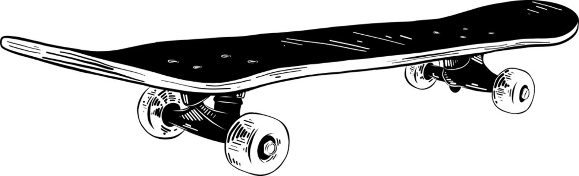 PNG Engraved Style Illustration For Posters, Decoration And Print. Hand Drawn Sketch Of Skateboard In Black Isolated On White Background. Detailed Vintage Etching Style Drawing.	
